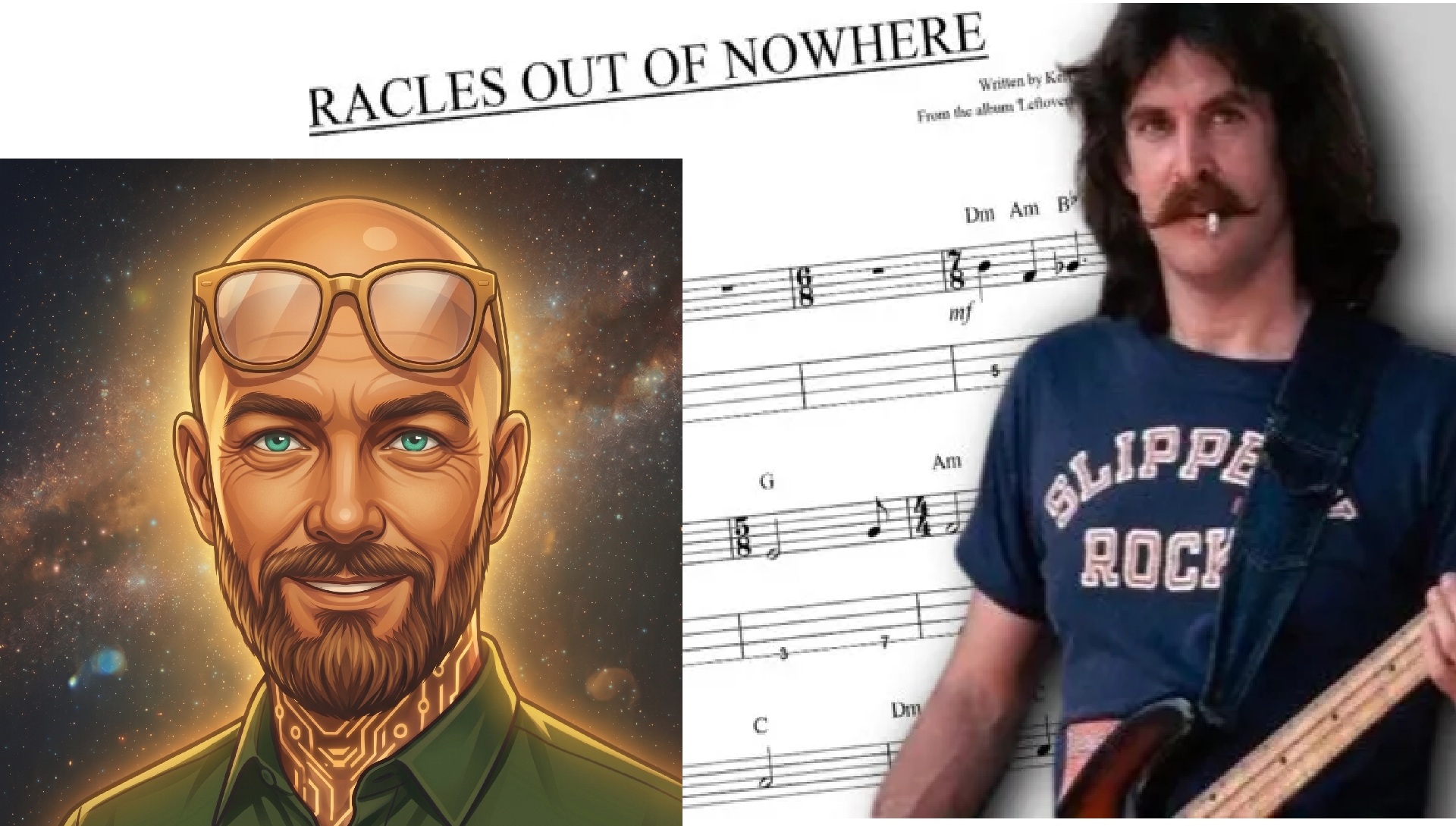 Collage: a cartoon portrait of a bald bearded man with glasses pushed up on his head, the sheet music for Miracles Out of Nowhere, and Dave Hope of Kansas holding a bass in a Slippery Rock T-shirt