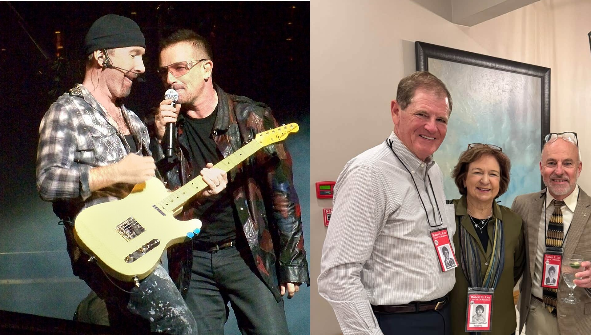 Edge and Bono photo: xrayspx, CC BY-SA 2.0, via Wikimedia Commons The Edge and Bono sharing a microphone on stage, beside three classmates smiling at a 50th high school reunion.