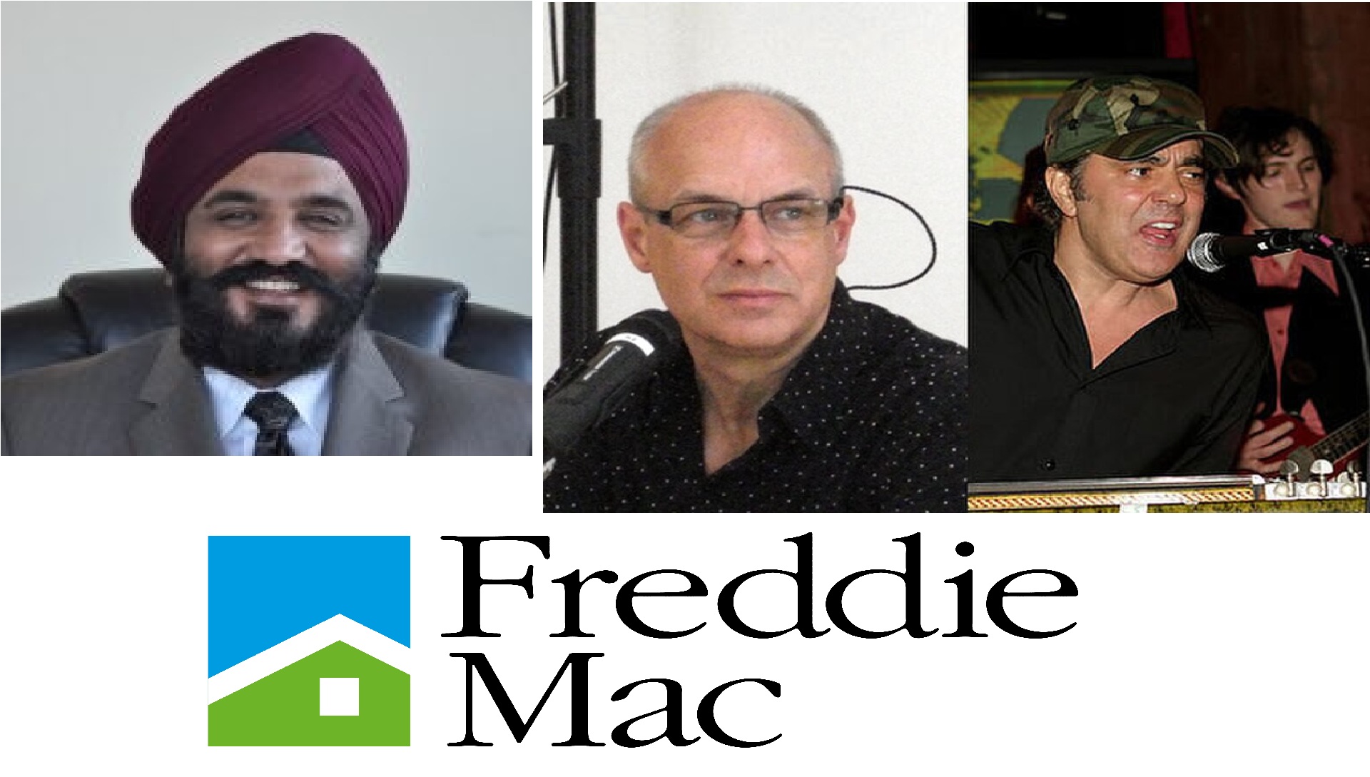 u2-wed-u2-partner-legacy Charanjiv smiling in a suit and turban, beside Brian Eno and Daniel Lanois, above the Freddie Mac logo.
